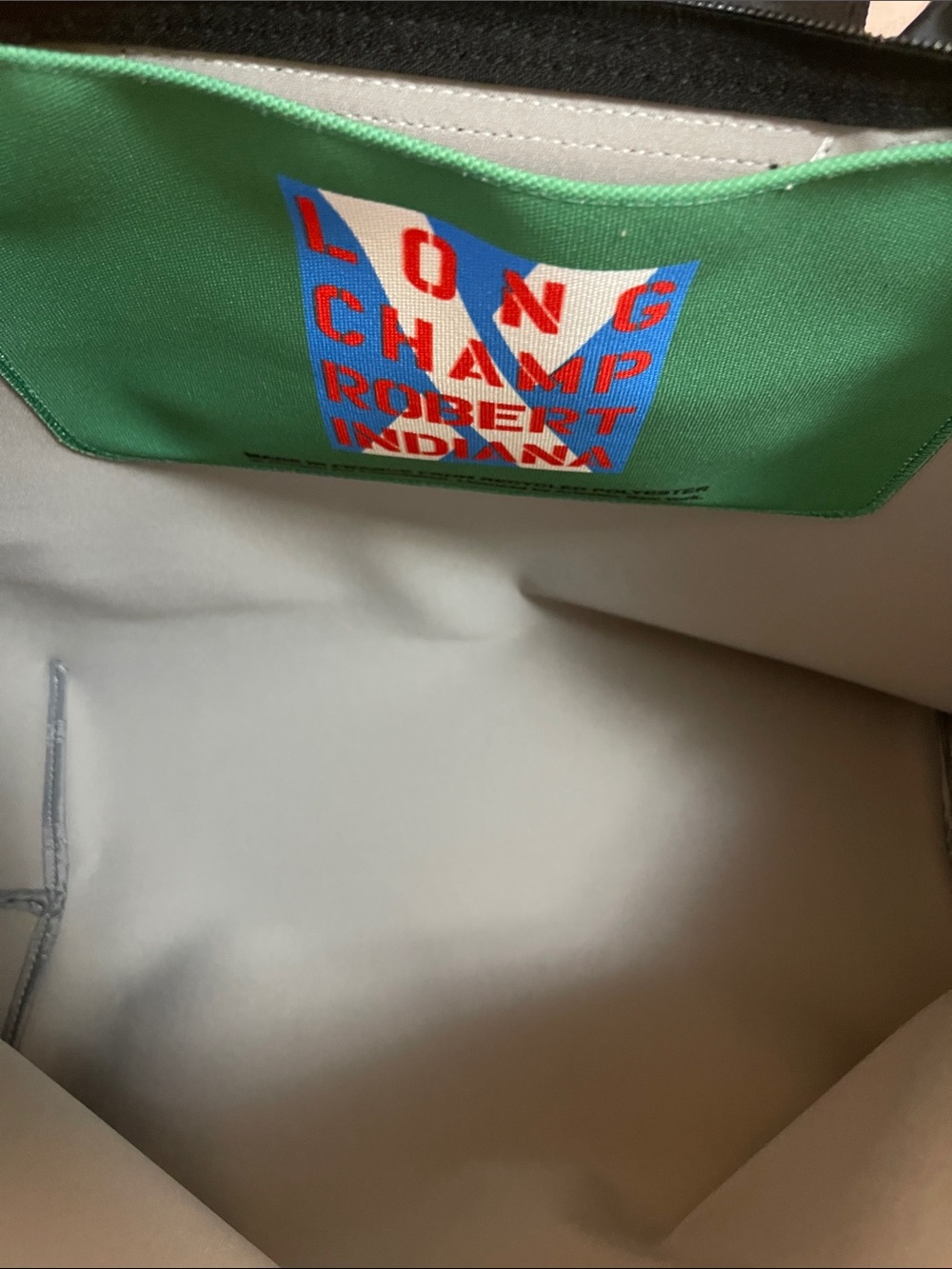Longchamp x Robert Indiana Le Pliage handbag in a blue, red, and green colorway - Picture 5 of 9